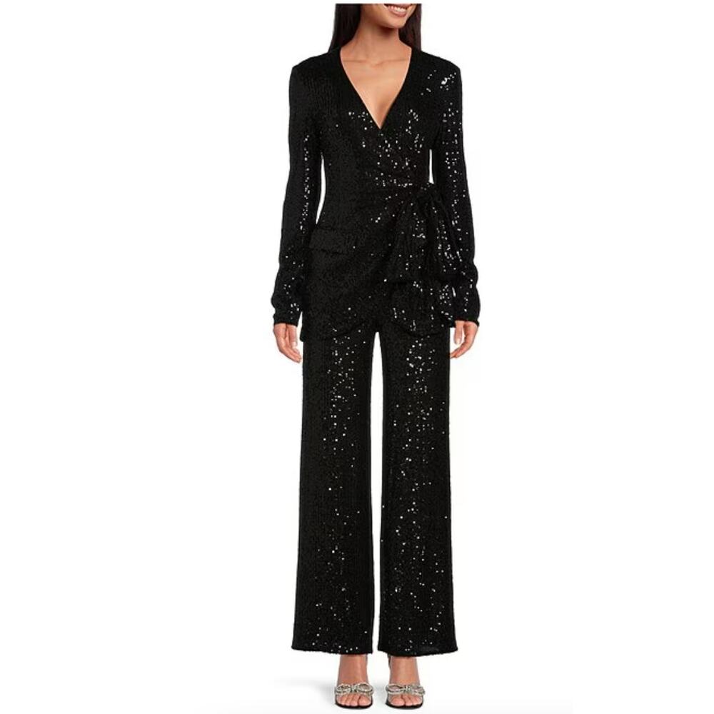 Badgley Mischka Belle Iris Sequin Straight leg Dress Pants | Sz 0, Black NEW$199 - Picture 3 of 14